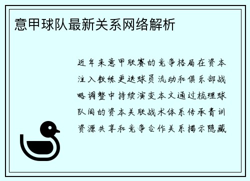 意甲球队最新关系网络解析